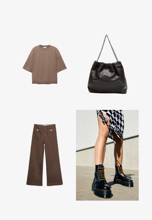 Smeđi oversized T-shirt, kratki rukavi, okrugli izrez, napravljen od mekog pamučnog materijala, sadrži jednostavan dizajn i minimalne šavove.; Smeđe široke hlače od pamuka, s dva prednja džepa sa srebrnim dugmadima i glatkom teksturom.; Crne kožne platforme s debelim potplatima, zlatnim vezicama i narančastim šavovima, uparene s kariranim suknjom koja ima bočni prorez.; Smeđa kožna torba s naboranim vrhom i lančićem za nošenje. Glatka tekstura s sjajnim završetkom i suptilnim šavnim detaljima sa strane.