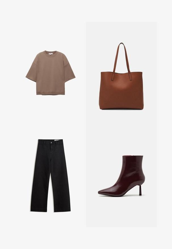 Rjava oversize majica, kratki rokavi, okrogla izrezana obleka, izdelana iz mehkega bombažnega materiala, ima preprost dizajn in minimalne šive.; Črne široke denim hlače z visokim pasom, ki imajo sprednje in zadnje žepe, šivane šive ter gumbasto zapiranje. Gladka tekstura.; Burgundska patentna kožna gležnjarja s koničastim nosom in ozko špicasto peto, s gladko, sijočo teksturo in minimalističnim dizajnom.; Rjava usnjena torba z gladko teksturo, odprto zasnovo zgoraj in dvema naramnima trakovoma. Opremljena je z minimalnim šivanjem in brez vidnih kovinskih delov.