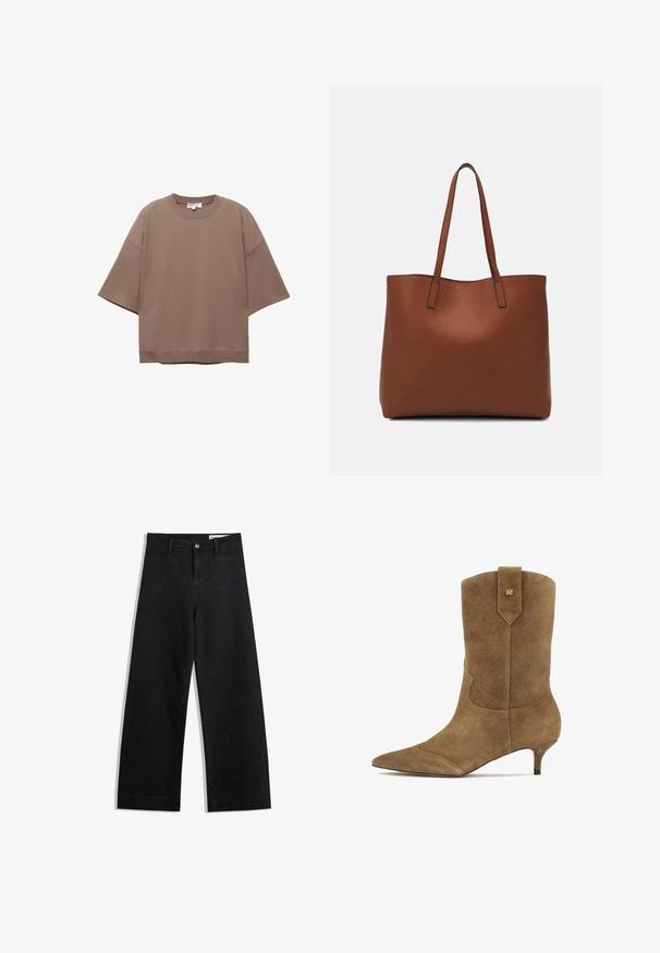Barna, oversized póló, rövid ujjal, kerek nyakkivágással, puha pamut anyagból készült, egyszerű dizájnnal és minimális varrásokkal rendelkezik.; Fekete, bő szabású farmernadrág magas derékkal, elülső és hátsó zsebekkel, varrott felületekkel és gombos záródással. Sima textúra.; Barna velúrbőr bokacsizma hegyes orral és alacsony, kiscicás sarokkal. Díszvarrással és hátsó húzófüllel a könnyű felhúzás érdekében.; Barna bőr vászontáska sima textúrával, nyitott tetejű dizájnnal és két vállpánttal. Minimális varrással és látható hardver nélkül készült.