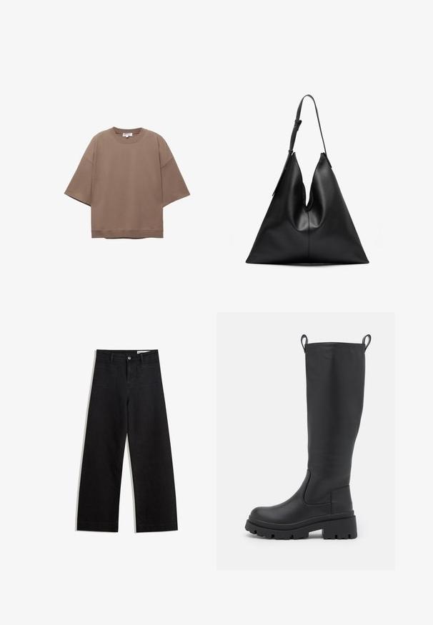 T-shirt marrone oversize, maniche corte, scollatura rotonda, realizzata in morbido cotone, presenta un design semplice e cuciture minime.; Pantaloni in denim neri a gamba larga con vita alta, dotati di tasche anteriori e posteriori, cuciture a punto, e chiusura con bottone. Texture liscia.; Stivale nero fino al ginocchio in pelle liscia con suola spessa e tacco leggero. Presenta fascette posteriori e pannelli laterali elasticizzati per una facile vestibilità.; Borsa triangolare in pelle nera con una sola tracolla regolabile e una struttura morbida, leggermente abbondante.