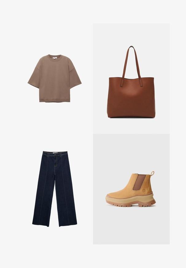 Rjava oversize majica, kratki rokavi, okrogla izrezana obleka, izdelana iz mehkega bombažnega materiala, ima preprost dizajn in minimalne šive.; Široke temno jeans hlače z kontrastnim šivanjem, visok pas in ravno krojenje. Imajo sprednje žepe in klasično zapiranje s gumbom.; Rjava usnjena gležnjarica z elastičnimi stranskimi paneli, zaobljenim prstom in debelim gumijastim podplatom z globokim profilom; vsebuje zanko za obuvanje na peti.; Rjava usnjena torba z gladko teksturo, odprto zasnovo zgoraj in dvema naramnima trakovoma. Opremljena je z minimalnim šivanjem in brez vidnih kovinskih delov.