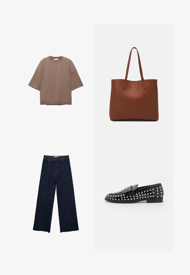 Braun oversized T-Shirt, kurze Ärmel, runder Ausschnitt, aus weichem Baumwollmaterial, mit schlichtem Design und minimalen Nähten.; Weite dunkle Jeanshose mit Kontrastnähten, hoher Taille und geradem Schnitt. Verfügt über Fronttaschen und einen klassischen Knopfverschluss.; Steve Madden BEQUEST - Slipper - black; Braune Leder-Tote mit glatter Textur, offenem Oberteil und zwei Schulterriemen. Verfügt über minimale Nähte und keine sichtbaren Beschläge.