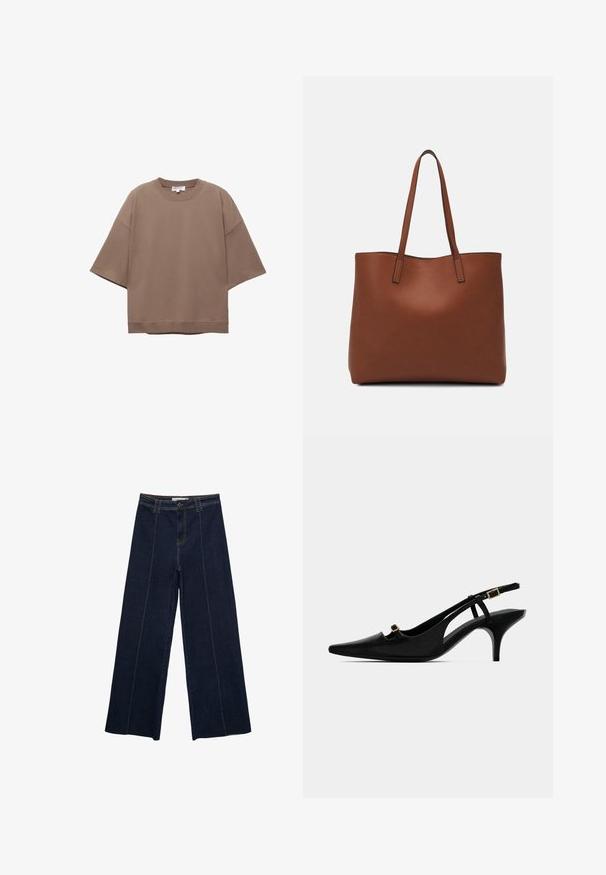 Brun oversized T-shirt, korta ärmar, rund halsringning, tillverkad av mjukt bomullsmaterial, har en enkel design och minimala sömmar.; Bredd-leg mörk denimbyxor med kontrastsöm, hög midja och rak passform. Har framfickor och en klassisk knappstängning.; Svart spetsig tå slingback-pump med låg böjd klack och liten guldbuckla på framremmen och ankelremmen.; Brun läder tote-väska med en slät textur, öppen toppdesign och två axelremmar. Har minimal söm och ingen synlig metalldetalj.