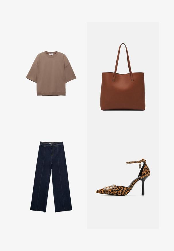 Hnedé oversized tričko, krátke rukávy, okrúhly výstrih, vyrobené z mäkkého bavlneného materiálu, s jednoduchým dizajnom a minimálnymi švami.; Široké nohavice z tmavého denim materiálu s kontrastným prešívaním, vysokým pásom a rovnym strihom. Obsahujú predné vrecká a klasické zapínanie na gombík.; Lodičky s leopardím vzorom, špicatou špičkou, zamatovou textúrou, uchytením na členku a s prackou zdobenou kryštálmi. Čierny ihlový podpätok.; Hnedá kožená taška na rameno s hladkou textúrou, otvoreným vrchom a dvoma ramenými popruhmi. Má minimálne šitia a žiadne viditeľné kovania.