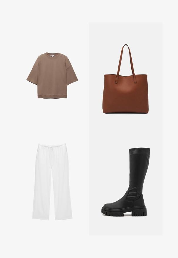 Bruine oversized T-shirt, korte mouwen, ronde halslijn, gemaakt van zacht katoen, heeft een eenvoudig ontwerp en minimale naden.; Witte wijde broekspunten gemaakt van zachte stof, met een elastische tailleband en een koord, en twee zijzakken. Eenvoudig en strak ontwerp.; Even&Odd Plateaulaarzen - black; Bruine leren tote bag met een gladde textuur, een ontwerp met een open bovenkant en twee schouderbanden. Kenmerkt zich door minimale stiksels en geen zichtbare hardware.