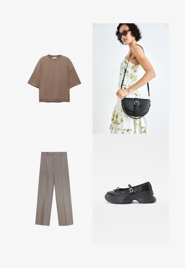 Braun oversized T-Shirt, kurze Ärmel, runder Ausschnitt, aus weichem Baumwollmaterial, mit schlichtem Design und minimalen Nähten.; Hellbraune weit geschnittene Hose mit senkrechten Streifen, die eine glatte Textur und einen flachen Bund für eine figurbetonte Passform aufweist.; Schwarze Leder-Mary-Jane-Schuhe mit einer abgerundeten Zehenpartie, Schleifendetail und verstellbarem Knöchelriemen. Mit einer stabilen Gummisohle mit geschwungenen Akzenten.; Schwarze Lederhandtasche mit geschwungener Form, abnehmbarem Tragegurt und goldenen Beschlägen. Die Tasche verfügt über einen Deckel mit einer Schnallen-Details.