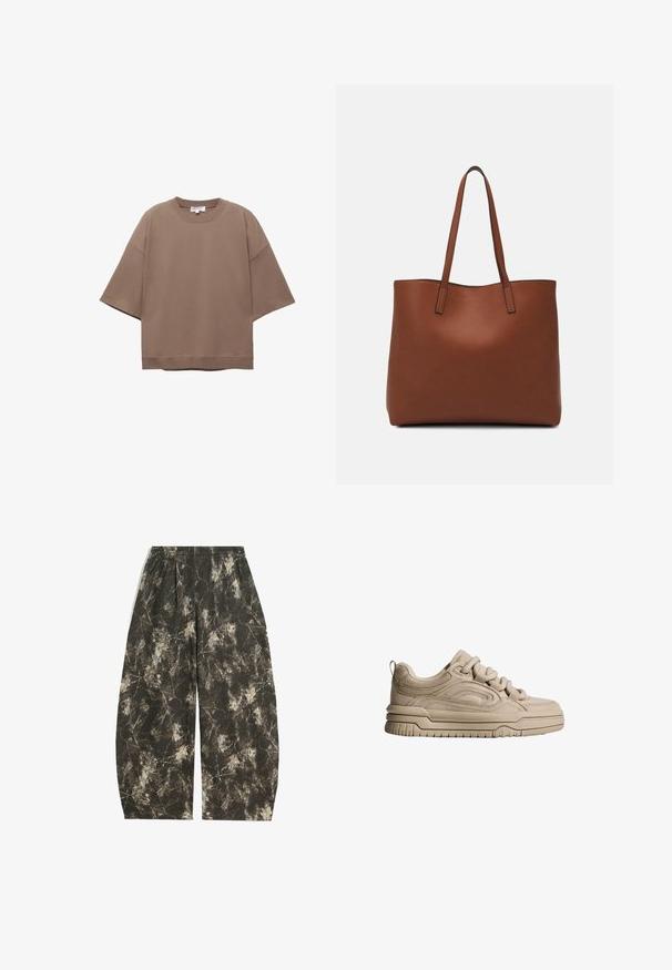 Braun oversized T-Shirt, kurze Ärmel, runder Ausschnitt, aus weichem Baumwollmaterial, mit schlichtem Design und minimalen Nähten.; Lässige Hose aus dunkelgrünem Stoff mit einem Blattmuster in Beige und Grau. Sie verfügt über einen elastischen Bund und weite Beine.; Beige Wildlederschuh mit runder Zehenpartie, strukturierten Einsätzen, dicker Sohle und Schnürdesign. Verfügt über eine Zuglasche an der Rückseite für ein einfaches An- und Ausziehen.; Braune Leder-Tote mit glatter Textur, offenem Oberteil und zwei Schulterriemen. Verfügt über minimale Nähte und keine sichtbaren Beschläge.