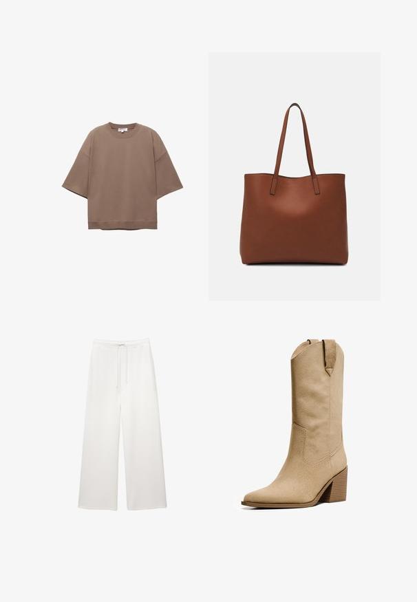 Brun oversized T-shirt, korte ærmer, rund halsudskæring, lavet af blødt bomuldsstof, har et enkelt design og minimale syninger.; Løse hvide bukser med brede ben, elastisk talje og snor, designet til afslappet brug.; Bershka HIGH-HEEL - Cowboy- / bikerstøvler - beige; Brun læder tote taske med en glat overflade, åben topdesign og to skulderremme. Har minimal syning og ingen synlig hardware.