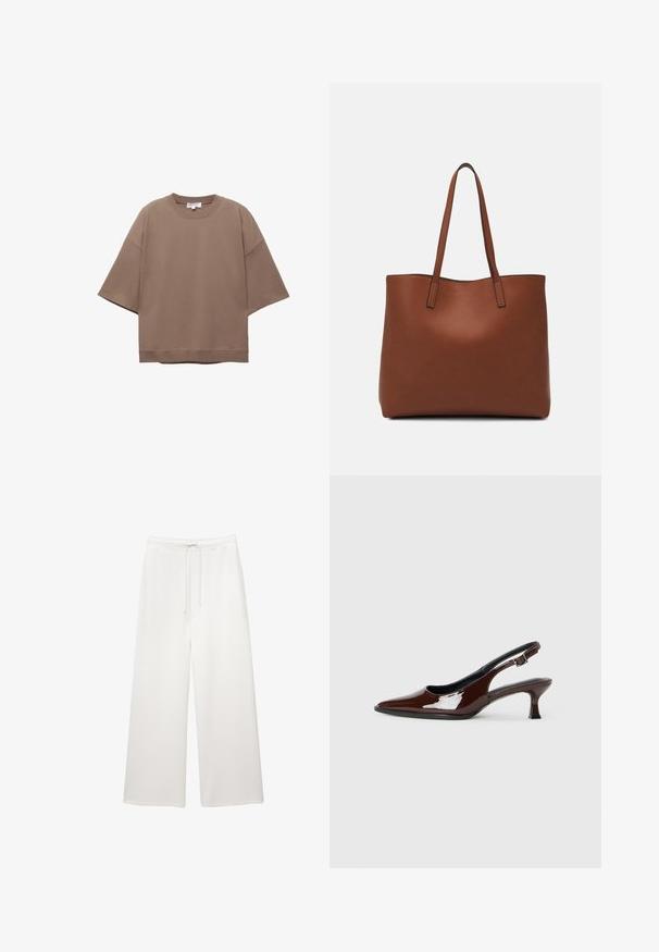 Brun oversized T-shirt, korte ærmer, rund halsudskæring, lavet af blødt bomuldsstof, har et enkelt design og minimale syninger.; Løse hvide bukser med brede ben, elastisk talje og snor, designet til afslappet brug.; Brun patenteret læder slingback sko med spids tå og en moderat hæl. Har en spænde rem for en sikker pasform. Glat tekstur.; Brun læder tote taske med en glat overflade, åben topdesign og to skulderremme. Har minimal syning og ingen synlig hardware.
