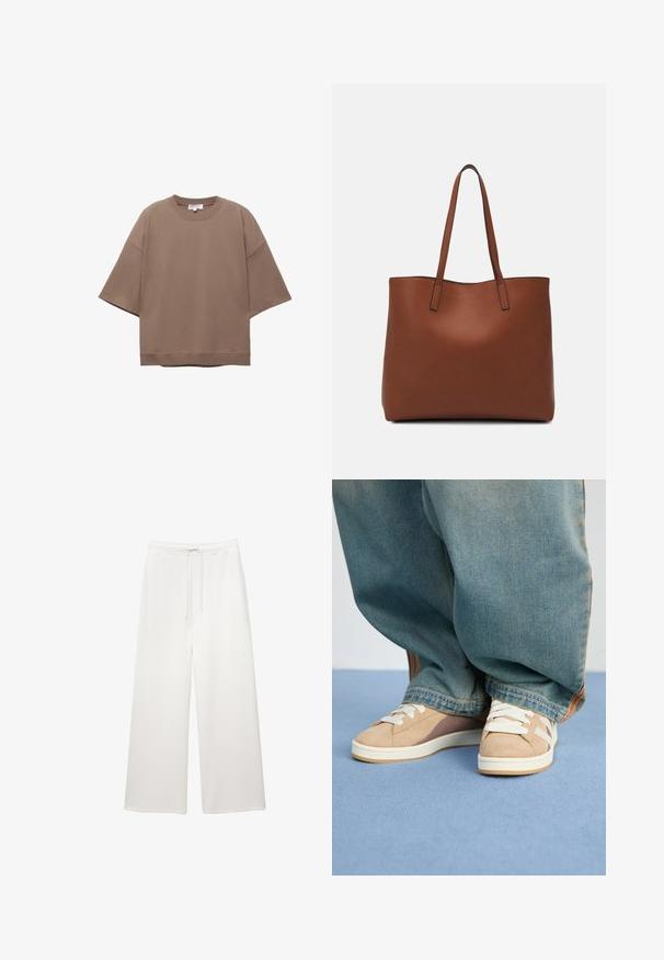 Brun oversized T-shirt, korte ærmer, rund halsudskæring, lavet af blødt bomuldsstof, har et enkelt design og minimale syninger.; Løse hvide bukser med brede ben, elastisk talje og snor, designet til afslappet brug.; Beige sneakers lavet af ruskind og stofmaterialer, med hvide snørebånd, lysebrune accenter og en tekstureret sål. Båret med løse blå denim-bukser.; Brun læder tote taske med en glat overflade, åben topdesign og to skulderremme. Har minimal syning og ingen synlig hardware.