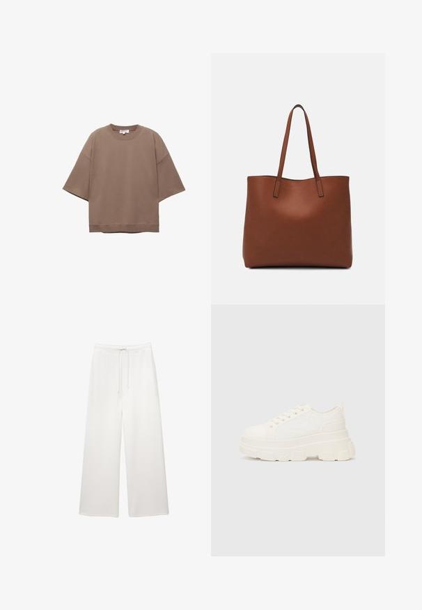Bruine oversized T-shirt, korte mouwen, ronde halslijn, gemaakt van zacht katoen, heeft een eenvoudig ontwerp en minimale naden.; Losse witte wijde broek met een elastische tailleband en trekkoord, ontworpen voor casual gebruik.; Witte canvas sneaker met een stevige zool, ronde neus en vijf gaatjes voor veters. Achterste tab voor gemakkelijk aan- en uittrekken. Vloeibare textuur, minimalistisch ontwerp.; Bruine leren tote bag met een gladde textuur, een ontwerp met een open bovenkant en twee schouderbanden. Kenmerkt zich door minimale stiksels en geen zichtbare hardware.