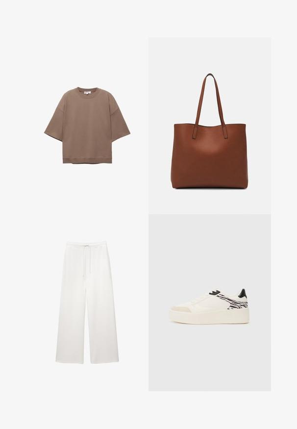 Brun oversized T-shirt, korte ærmer, rund halsudskæring, lavet af blødt bomuldsstof, har et enkelt design og minimale syninger.; Løse hvide bukser med brede ben, elastisk talje og snor, designet til afslappet brug.; Even&Odd Sneakers - white/black; Brun læder tote taske med en glat overflade, åben topdesign og to skulderremme. Har minimal syning og ingen synlig hardware.