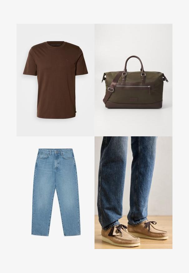 Barna pamut póló rövid ujjakkal, kerek nyakkal és egy kis hímzett logóval a mellkason. Sima textúra és normál szabás.; Világoskék farmernadrág egyenes szárú vágással, ötzsebes kialakítással és enyhén kifakult textúrával. Gombos és cipzáras záródással rendelkezik.; Barna árnyalatú velúr mokaszin sötétbarna díszítéssel, lekerekített orral és puha fehér talppal. Fűzős dizájn és varrt részletek jellemzik.; Olíva zöld vászon sporttáska barna bőr kiegészítőkkel, dupla fogantyúval, levehető vállpánttal és elülső cipzáras zsebbel.