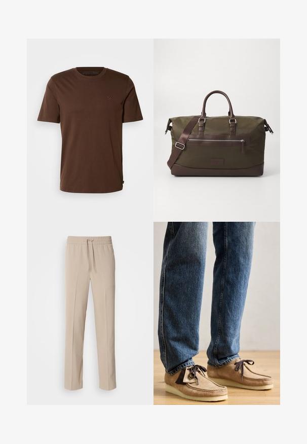 Rjava bombažna majica s kratkimi rokavi, okroglim izrezom in majhnim izvezenim logotipom na prsih. Gladka tekstura in običajen kroj.; Bež hlače sproščenega kroja, izdelane iz mehkega materiala, z elastičnim pasom na vrvico in ravnimi hlačnicami z minimalnimi detajli.; Suede mokasini v bež barvi z temno rjavimi akcenti, zaobljenim nosom in mehkimi belimi podplati. Imajo sistem vezanja in šivane detajle.; Platnena torba v olivno zeleni barvi z rjavimi usnjenimi detajli, ki ima dvojne ročaje, odstranljiv ramenski trak in sprednji žep na zadrgo.