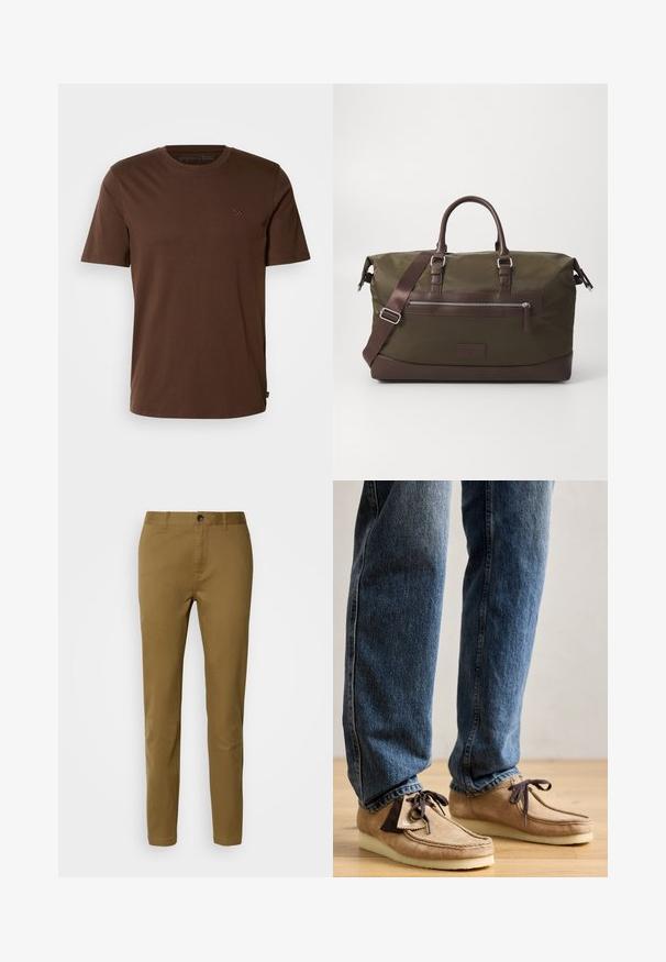 Braunes Baumwoll-T-Shirt mit kurzen Ärmeln, Rundhalsausschnitt und kleinem gesticktem Logo auf der Brust. Glatte Textur und reguläre Passform.; Graham braune Baumwollhose mit geradem Schnitt, ausgestattet mit einem Knopfverschluss und Gürtelschlaufen, glatter Textur und ohne sichtbare Muster oder Akzente.; Wildleder-Mokassins in Tan mit dunkelbraunen Akzenten, runder Zehenform und weichem weißen Fußbett. Sie verfügen über ein Schnürdesign und gestickte Details.; Canvas-Duffel-Tasche in Olivgrün mit braunen Lederakzenten, ausgestattet mit zwei Griffen, einem abnehmbaren Schultergurt und einer Vorderreißverschlusstasche.