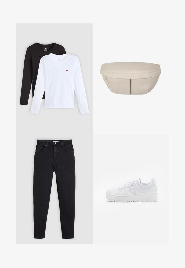 Dvě trička s dlouhým rukávem: jedno černé a jedno bílé, obě vyrobené z bavlny s kulatým výstřihem. Každé má na hrudi malé červené logo.; Černé slim-fit džíny s knoflíkovým a zipovým zapínáním, pěticípým designem a poutky na opasek na světle šedém pozadí.; Bílé platformové tenisky s hladkým koženým povrchem, perforovanými detaily a plochými tkaničkami; mají silnou bílou gumovou podrážku.; Beige textilní taštička s kulatým tvarem, která má plochý vršek a jemné švy. Obsahuje minimalistické logo a boční popruh.