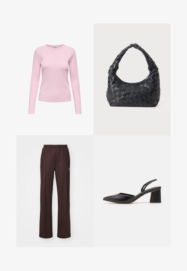 Long-sleeve pink t-shirt made of ribbed cotton, featuring a round neckline and fitted design. Simple and smooth texture with no additional details.; Brown athletic pants with an elastic waistband, two side pockets, and a small logo on the left side, made from a soft fabric.; Black pointed-toe slingback shoe made of smooth leather, featuring a low block heel and thin straps at the back for secure fit.; Black leather woven shoulder bag with a rounded handle and crescent-shaped body on a plain background.