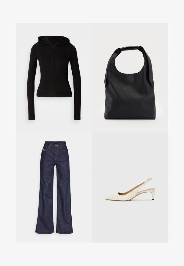 Schwarzes, langärmliges Kapuzenshirt mit einem Frontreißverschluss. Aus einem glatten Stoff gefertigt, figurbetontes Design und minimalistischem Detail. Abgerundeter Saum am unteren Ende.; Dunkelblaue weite Jeans aus Denimstoff mit hoher Taille, ausgestattet mit orangefarbenen Nähten, fünf Taschen und einem Knopfverschluss.; Spitz zulaufender Slingback-Schuh aus cremefarbenem Leder, ausgestattet mit einem niedrigen Absatz und einem ausgeschnittenen Design mit glatter Textur und minimalen Akzenten.; Schwarze Lederhandtasche mit großem offenem oberen Bereich und einem einzelnen Schulterriemen. Weiche Textur, minimalistisches Design, mit subtilen hardware Akzenten.; Silberne Creolen mit einer glatten, polierten Oberfläche. Runder Form und sicherem Klickverschluss. Leichtes Design, geeignet für den täglichen Gebrauch.