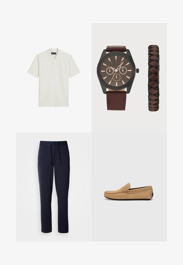 Witte polo shirt van textuurstof, met een klassieke kraag, een knoopsluiting met drie knopen en korte mouwen.; Donkerblauwe joggers van zacht materiaal, met een elastische tailleband en een trekkoord, tapse pijpen en zonder zichtbare patronen of zakken.; Beige suède moccasin met een gestikte neus, instapontwerp en zwarte rubberen zool. Heeft subtiele branding aan de zijkant.; Pier One SET - Horloge - black/brown