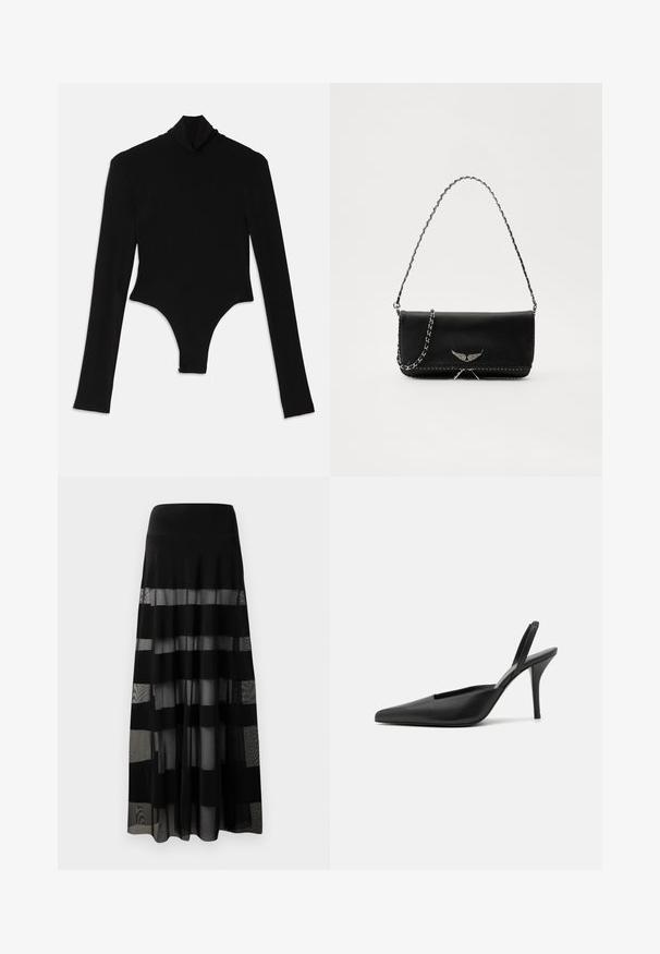 Schwarzer Langarm-Body aus dehnbarem Stoff, mit einem hohen Stehkragen und einer taillierten Passform mit einem Tanga-Boden.; Schwarzer Maxikilt mit tailliertem Bund, der durchsichtige Einsätze und opake Streifen aufweist. Leichter Stoff mit glatter Textur.; Schwarze Slingback-Absatzschuhe mit spitzem Fuß, aus glattem Leder und einem eleganten, minimalistischen Design. Hoher Stiletto-Absatz.; Schwarze Lederhandtasche mit einem silbernen Kettenriemen, verziert mit dekorativen Flügelakzenten und weißen Nähten entlang der unteren Naht.