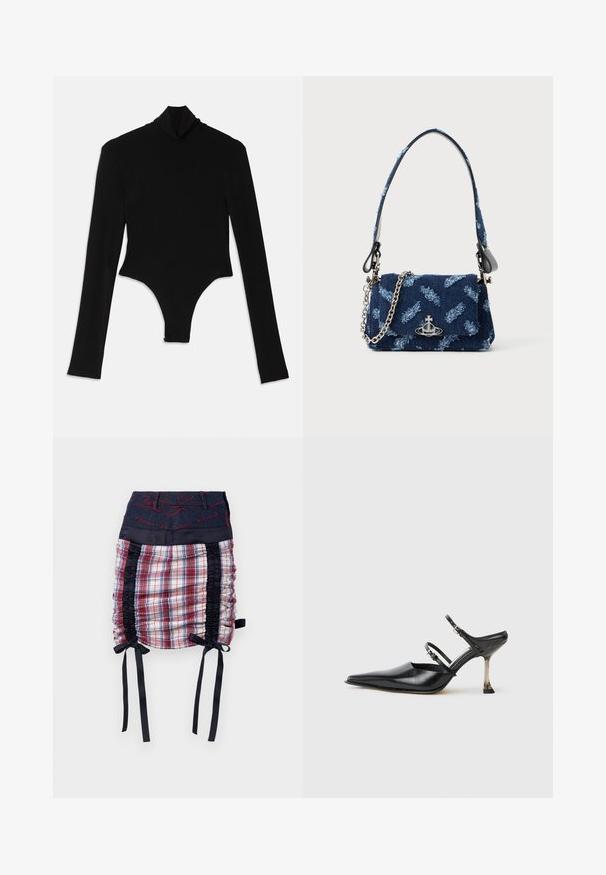 Body lungo nero realizzato in tessuto elasticizzato, con collo alto e design aderente con fondo a perizoma.; Gonna a quadri con vita in denim blu. Presenta pannelli laterali neri, dettagli arricciati e fiocchi neri all'orlo. Accenti di cucitura rossa.; Scarpa slingback in pelle nera con punta a punta, dotata di due cinturini regolabili e un tacco metallico. Texture liscia e design minimalista.; Borsa in tessuto blu navy con un design testurizzato, hardware in argento e una tracolla catena removibile. Presenta una chiusura a pattina e un accento con logo.