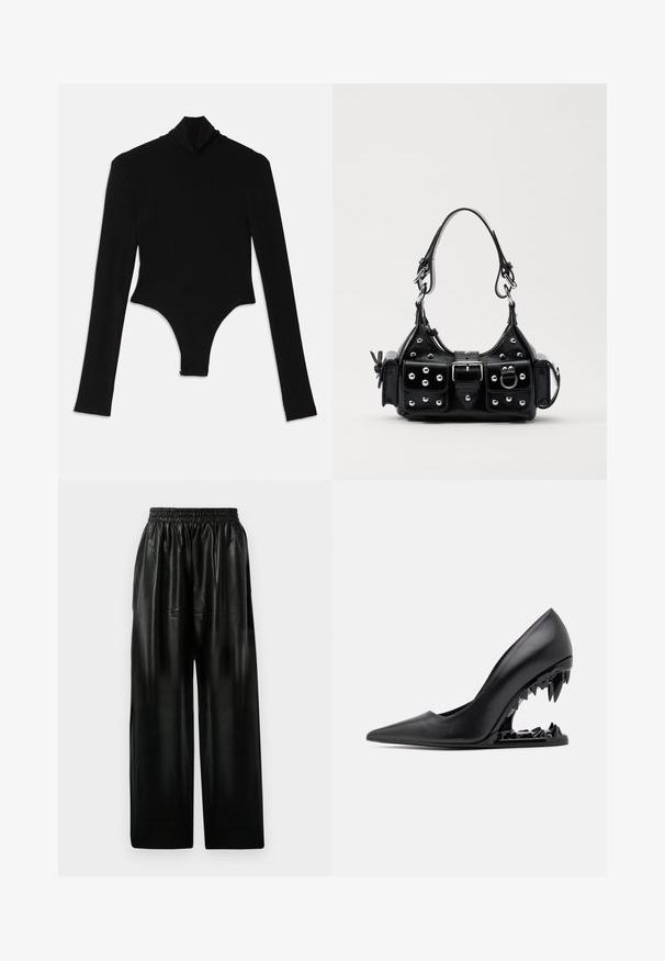 Musta pitkähiha bodysuit, joka on valmistettu joustavasta kankaasta. Siinä on korkea mock neck ja tiukka malli, jossa on thong-pohja.; Mustat nahkaiset väljät housut, joissa on joustava vyötärö, kahdella sivutaskulla ja sileällä, kiiltävällä pinnalla.; GCDS MORSO - Korolliset avokkaat - nero; Musta nahkainen käsilaukku, jossa on kaareva muotoilu, hopeiset niitit, solki ja kaksi sivutaskua. Säädettävä olkahihna erilaisiin kantovaihtoehtoihin.