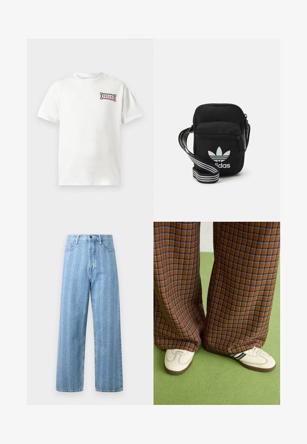 Valge puuvillane T-särk, millel on väike punane tikitud "Volcom" logo, mille ümber on dekoratiivne äär. Lühikesed varrukad ja ümar kaelus.; Heledad sinine denim teksapüksid laia säärega disainiga, millel on korduv kett muster. Klassikaline viie tasku stiil ja metalne nupudetail.; Pruunide ja siniste ruuduliste laiad püksid, mille juurde on kombineeritud valged kingad mustade aktsentidega ja tekstuursete taldadega, roheline taust.; Mustmust värvi risti koti, millel on tõmblukuga sulgemine, valge Adidas'i logo ja triibuline reguleeritav rihm mugavaks kandmiseks.