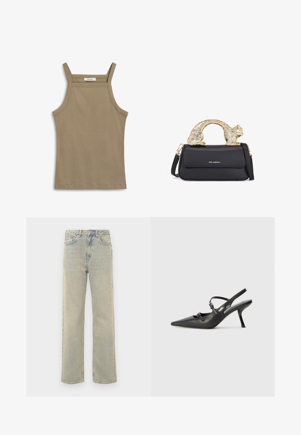 Khaki värvi tank top õhukeste õlavarre rihmadega, ribatud tekstuuriga ja sirge servaga. Sildil on ka kirjutatud "IVY OAK" krae juures.; Helehall denim laiad püksid helesinises toonis, millel on kulunud viimistlus, kaunistatud hõbedaste nupukestega, mis on paigutatud ringikujuliste mustritega esiosale.; Must musta slingback kontsad, terava nina, peenike konts ja dekoratiivne pandla detail peal. Sile tekstuur ja stiilne disain.; Must või voodri tasku ja kuldne kassi kujuline käepide, millel on esine klapp, reguleeritav rihm ja logodetail alumisel ees.
