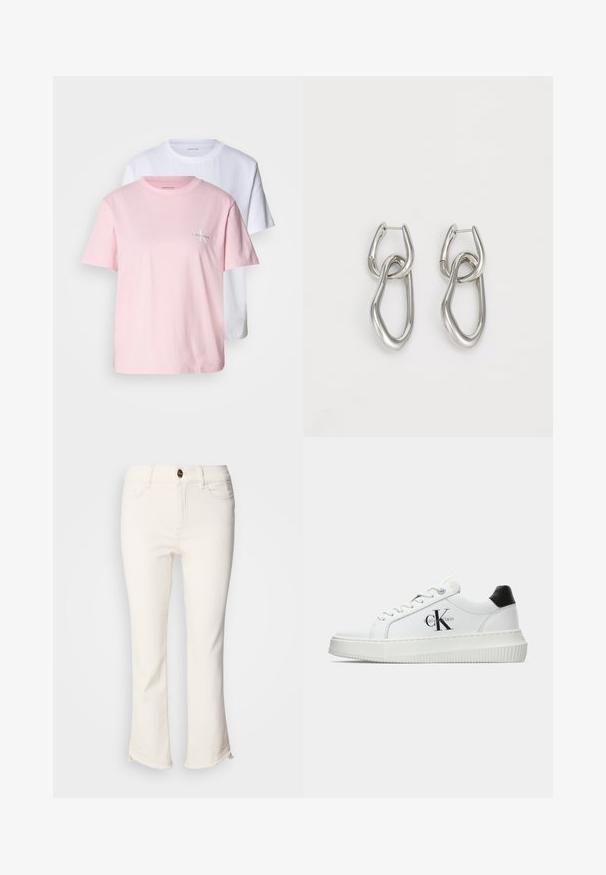 To T-skjorter: en lys rosa og en hvit. Begge har korte ermer, er laget av bomull, har rund hals og en liten logo på brystet.; Hvite, korte jeans med utvidet bunn. Har knappelukking, frontlommer og litt frynset kantdetalj. Denimmateriale.; Hvite lavsko med svart hæltab, plattformsåle, snøringer og Calvin Klein "CK" logo på siden.; Calvin Klein STATEMENT LINKS - Øredobber - silver-coloured