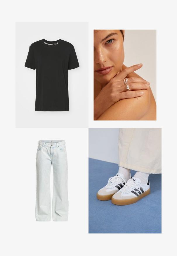 Zwarte katoenen T-shirt met ronde hals. Voorzien van een witte "THE NORTH FACE" logo op de kraag. Korte mouwen en een rechte zoom.; Lichtblauwe wijde spijkerbroek van denim, met knoopsluiting, vijf zakken en een lichte vervaagde textuur overal.; Witte sneakers met zwarte strepen en beige suède accenten. Voorzien van een gestructureerde gumzool en platte witte veters, gedragen met lichtgekleurde sokken.; Zilveren gedraaide ring met een gestructureerd ontwerp, gedragen op een hand die op een schouder rust. Huidteint is warm met korte nagels.