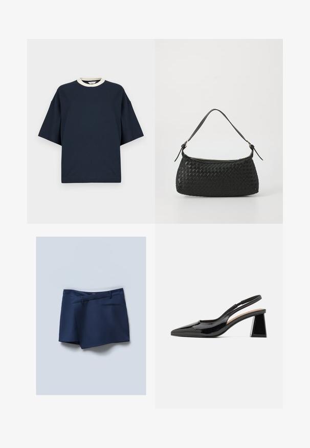 Marineblaues oversized T-Shirt mit kontrastierendem, cremefarbenem geripptem Kragen. Kurze Ärmel und lockerer Schnitt. Aus weichem Baumwollstoff gefertigt.; Marineblau Shorts mit flachem Vorderteil, seitlichen Taschen und einer Gesäßtasche. Glatter Stoff mit maßgeschneiderter Optik und genähten Akzenten.; Schwarze Lack-Slingback-Pumps mit spitzem Zehenbereich, ausgestattet mit einem einzigartigen geometrischen Blockabsatz und einer glatten Textur. Verstellbarer Riemen für zusätzlichen Halt.; Schwarze geflochtene Schultertasche mit einem glatten Ledertragegurt und Reißverschluss. Verfügt über eine strukturierte Oberfläche und eine gebogene Form.