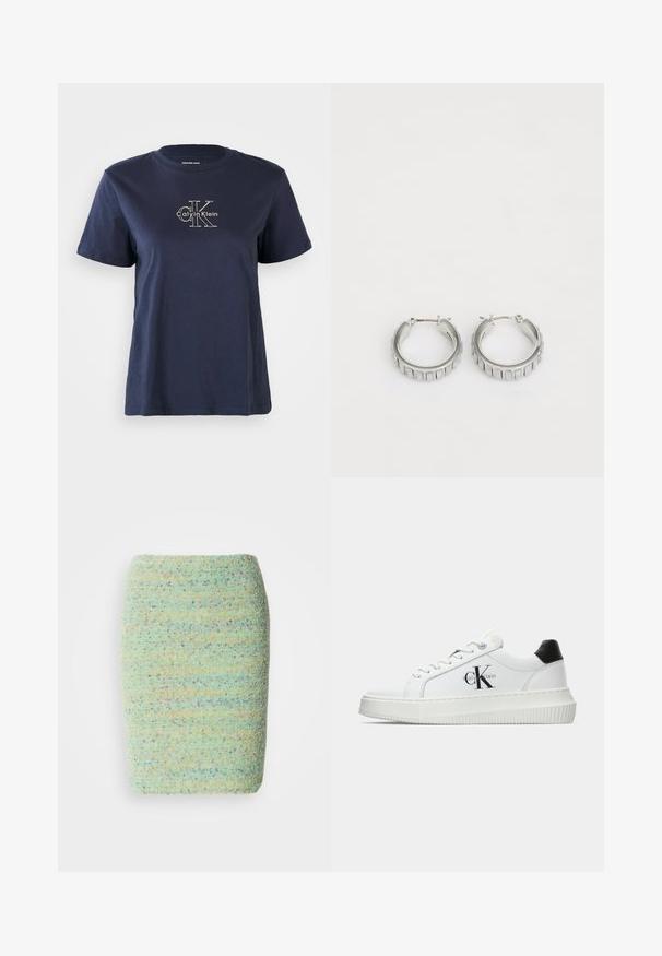T-shirt en coton bleu marine à manches courtes, arborant un petit logo blanc "Calvin Klein" au centre à l'avant. Encolure ras du cou, coupe décontractée.; Jupe longueur genou en tissu texturé et moucheté dans un vert pastel avec des nuances de bleu, d'orange et de violet.; Baskets basses blanches avec un tab de talon noir, semelle plateforme, lacets et logo "CK" de Calvin Klein sur le côté.; Boucles d'oreilles en argent en forme de créole avec un design texturé comportant des rayures verticales. Forme circulaire avec un fermoir à attache sécurisée. Fini lisse.