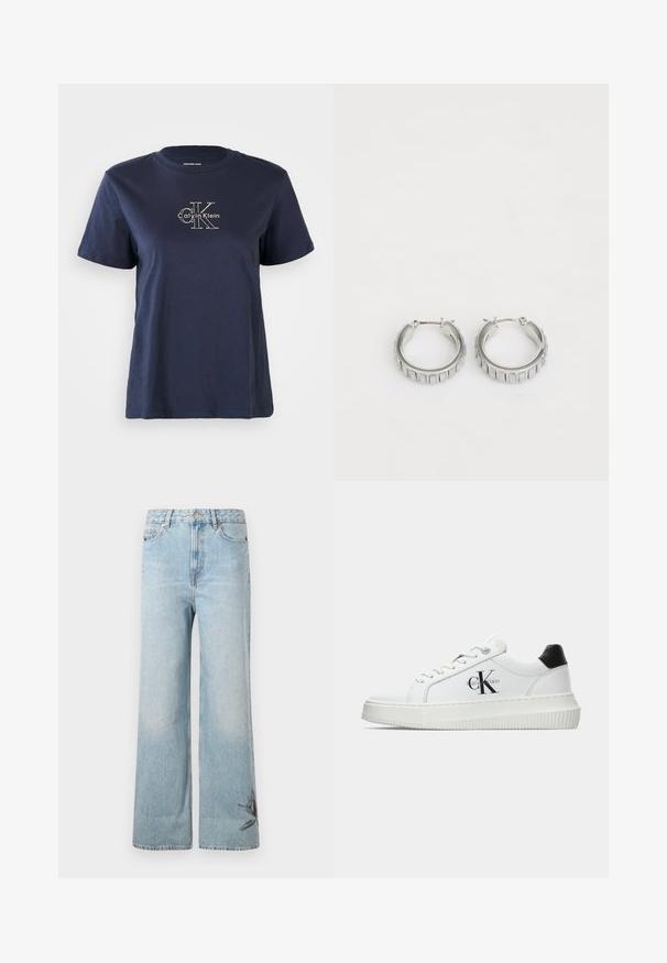 Mornarice plava pamučna majica s kratkim rukavima, s malim bijelim logotipom "Calvin Klein" na sredini prednje strane. Kružni izrez, ležeran kroj.; Svijetloplave široke traperice napravljene od denima, s izblijeđenom teksturom i cvjetnim vezom na donjem lijevom dijelu nogavice.; Bijeli niskotoperani tenisice s crnom petom, platformom, vezicama i "CK" logotipom Calvin Kleina sa strane.; Srebrne naušnice na obruče s teksturiranim dizajnom koji sadrži vertikalne rebra. Okrugli oblik s sigurnim zatvaranjem. Glatka završna obrada.