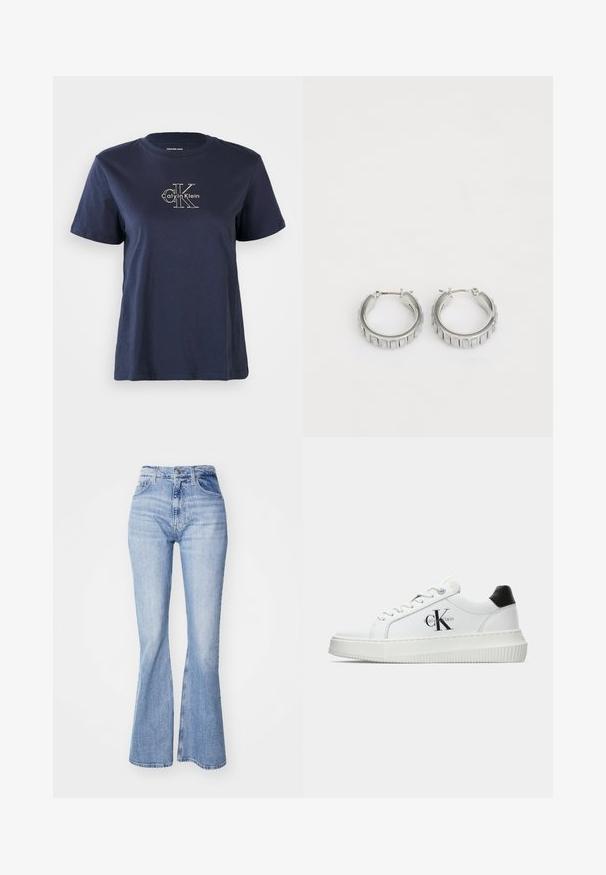 Tricou din bumbac de culoare bleumarin, cu mâneci scurte, având un mic logo alb "Calvin Klein" în partea din față, la centru. Gât rotund, croi lejer.; Blugi evazați de culoare albastru deschis, din denim, cu talie înaltă, design cu cinci buzunare și ușoară decolorare pe lungimea picioarelor.; Adidași albi cu glezna joasă, cu tab-ul de călcâi negru, talpă platformă, șireturi și logo-ul "CK" de la Calvin Klein pe lateral.; Cercei din argint în formă de cerc cu un design texturat, ce prezintă striții verticale. Formă circulară cu un sistem de închidere sigur. Finisaj neted.