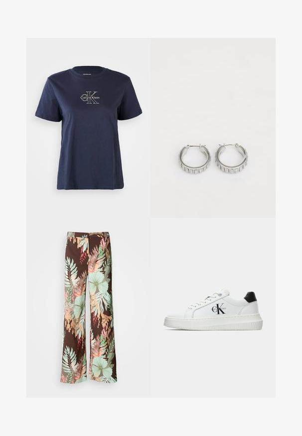 Tumesinine puuvillane t-särk lühikeste varrukatega, mille keskel ees on väike valge "Calvin Klein" logo. Ümar kaelus, lõdva istuvusega.; Laiad püksid, millel on tumepruun kangas, kus on elav lille- ja lehemuster roheliste, punaste ja virsikutoonide segu. Pehme, kerge materjal.; Valge madalate sokkidega jooksutoss, millel on must konts, platvormi tallad, paelad ja Calvin Kleini "CK" logo küljel.; Hõbedased rõngassõrmed tekstureeritud disainiga, kus on vertikaalsed sooned. Ümmargune kuju ja kindel lukustus. Sile viimistlus.