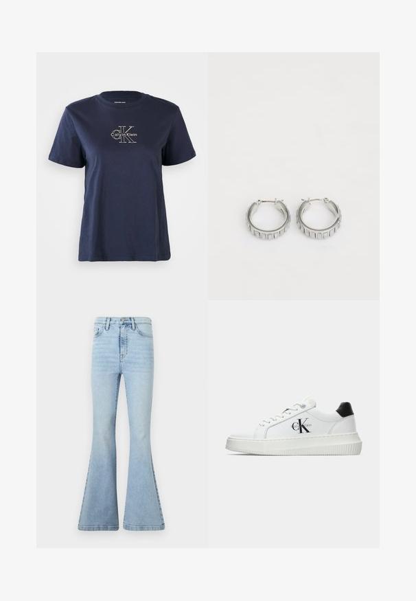 Camiseta de algodón azul marino con mangas cortas, que presenta un pequeño logo blanco de "Calvin Klein" en el centro frontal. Cuello redondo, ajuste casual.; Jeans acampanados de color azul claro hechos de denim, con una cintura alta, un sutil efecto de desvanecimiento y grandes puños acampanados con un dobladillo limpio.; Zapatilla baja blanca con talón negro, suela de plataforma, cordones y logotipo "CK" de Calvin Klein en el lado.; Pendientes de aro plateados con un diseño texturizado que presenta estrías verticales. Forma circular con un cierre de seguridad. Acabado suave.