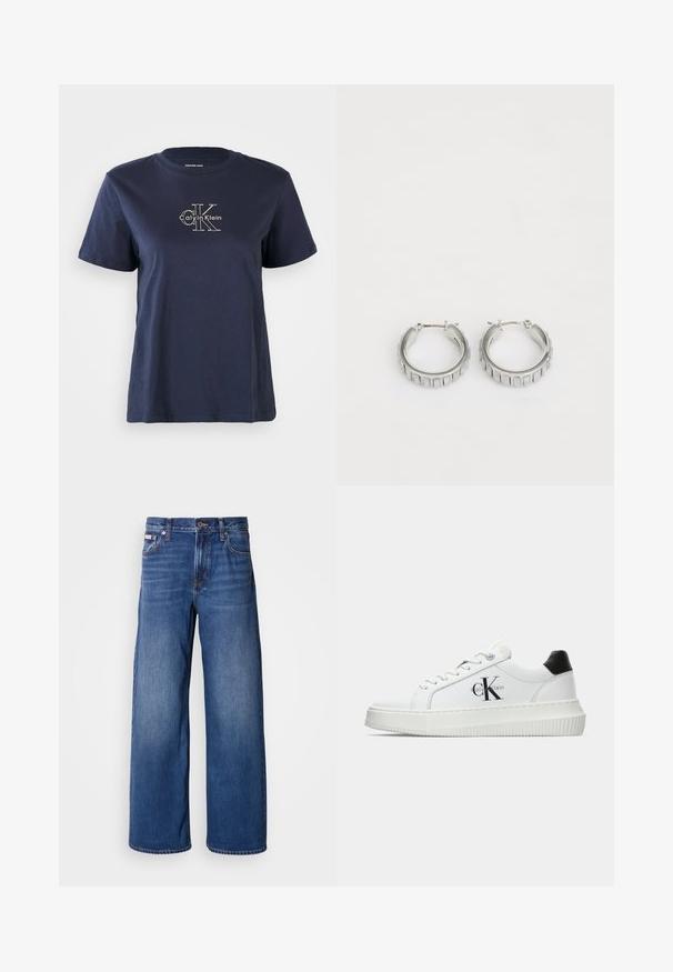 Tumesinine puuvillane t-särk lühikeste varrukatega, mille keskel ees on väike valge "Calvin Klein" logo. Ümar kaelus, lõdva istuvusega.; Tumedate teksased laia jala ja kõrge vöökoht, viie tasku ja peene pleekimisega esiküljel, et lisada tekstuuri ja detaile.; Valge madalate sokkidega jooksutoss, millel on must konts, platvormi tallad, paelad ja Calvin Kleini "CK" logo küljel.; Hõbedased rõngassõrmed tekstureeritud disainiga, kus on vertikaalsed sooned. Ümmargune kuju ja kindel lukustus. Sile viimistlus.