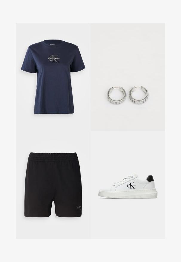 Tricou din bumbac de culoare bleumarin, cu mâneci scurte, având un mic logo alb "Calvin Klein" în partea din față, la centru. Gât rotund, croi lejer.; Pantaloni scurți negri din bumbac, cu un elastic în talie și logo-ul Calvin Klein în argintiu în colțul din dreapta jos. Textură netedă.; Adidași albi cu glezna joasă, cu tab-ul de călcâi negru, talpă platformă, șireturi și logo-ul "CK" de la Calvin Klein pe lateral.; Cercei din argint în formă de cerc cu un design texturat, ce prezintă striții verticale. Formă circulară cu un sistem de închidere sigur. Finisaj neted.