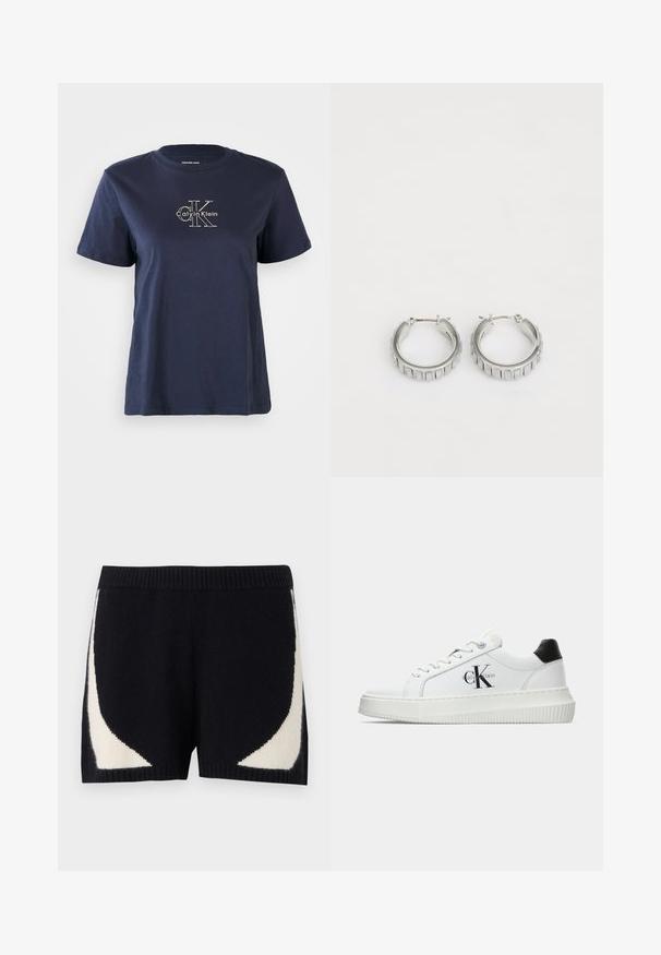 Tamsiai mėlynas medvilninis marškinėliai su trumpomis rankovėmis, su mažu baltu "Calvin Klein" logotipu centre priekyje. Apvalus kaklo iškirpimas, laisvas siluetas.; Juodos megztos šortai su kontrastingais kreminiais geometriniais raštais šonuose. Turi rubinę juosmens juostą ir švelnią medžiagą.; Balti žemakulniai bateliai su juodu kulno dangteliu, platformos padu, raišteliais ir Calvin Klein "CK" logotipu šone.; Sidabrinės auskarų žiedai su tekstūruotu dizainu, turinčiu vertikalias briaunas. Apskritimo forma su saugiu užraktu. Lygi apdaila.