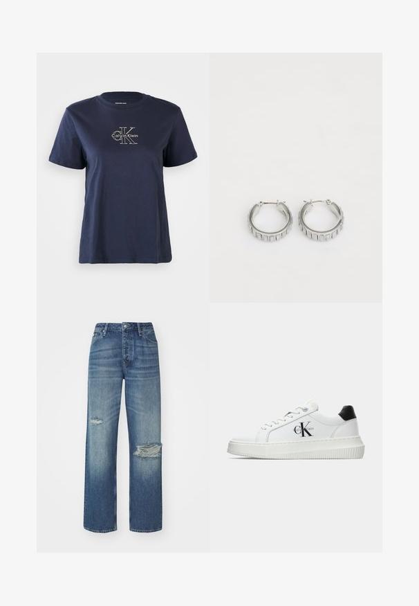 Tumesinine puuvillane t-särk lühikeste varrukatega, mille keskel ees on väike valge "Calvin Klein" logo. Ümar kaelus, lõdva istuvusega.; Heledad sinine denimist teksapüksid kõrge vöökoht, sirge sääre lõige, kerge pleekimine ja kaks kulumist tähistavat plaastrit ees, põlvede kohal.; Valge madalate sokkidega jooksutoss, millel on must konts, platvormi tallad, paelad ja Calvin Kleini "CK" logo küljel.; Hõbedased rõngassõrmed tekstureeritud disainiga, kus on vertikaalsed sooned. Ümmargune kuju ja kindel lukustus. Sile viimistlus.