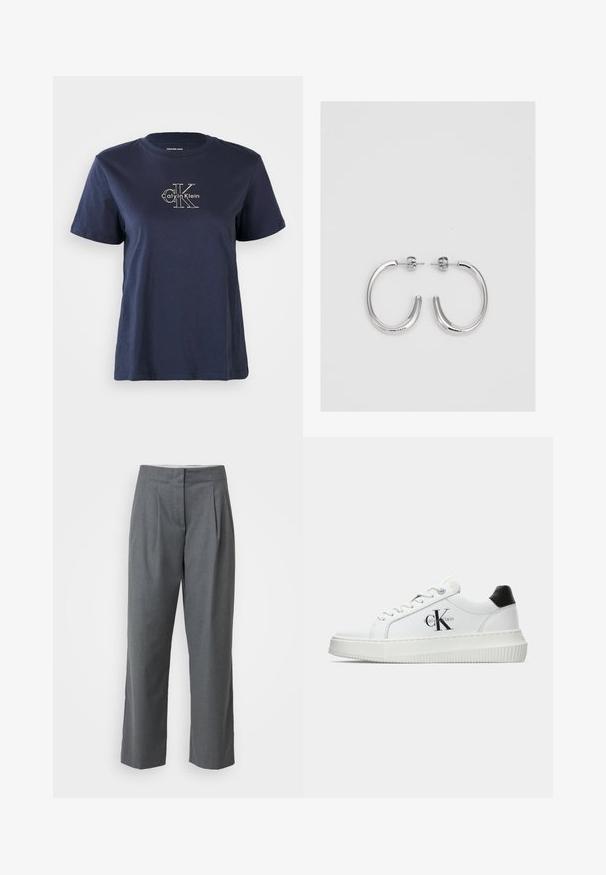 Tamsiai mėlynas medvilninis marškinėliai su trumpomis rankovėmis, su mažu baltu "Calvin Klein" logotipu centre priekyje. Apvalus kaklo iškirpimas, laisvas siluetas.; Pilki pritaikyti kelnių modeliai su tiesiomis kojomis, pasižymintys lygiu paviršiumi, priekinėmis raukšlėmis ir šoninėmis kišenėmis. Nėra matomų detalių ar akcentų.; Balti žemakulniai bateliai su juodu kulno dangteliu, platformos padu, raišteliais ir Calvin Klein "CK" logotipu šone.; Sidabrinės auskarai žiedai su lygiu, blizgiu paviršiumi. Suapvalinta forma, lengvas dizainas, su uždarymu ant smeigtuko.