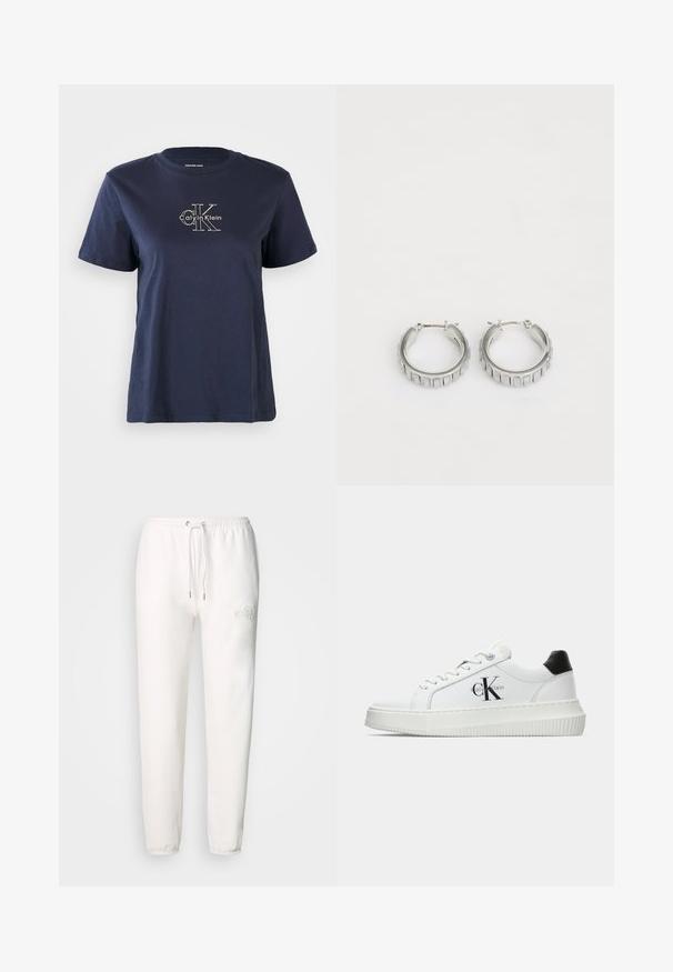 Mornarice plava pamučna majica s kratkim rukavima, s malim bijelim logotipom "Calvin Klein" na sredini prednje strane. Kružni izrez, ležeran kroj.; Bijele trenirke od mekog materijala, s pojasom na vezanje i izvezenim logotipom na lijevoj butini. Dizajn suženih nogavica.; Bijeli niskotoperani tenisice s crnom petom, platformom, vezicama i "CK" logotipom Calvin Kleina sa strane.; Srebrne naušnice na obruče s teksturiranim dizajnom koji sadrži vertikalne rebra. Okrugli oblik s sigurnim zatvaranjem. Glatka završna obrada.