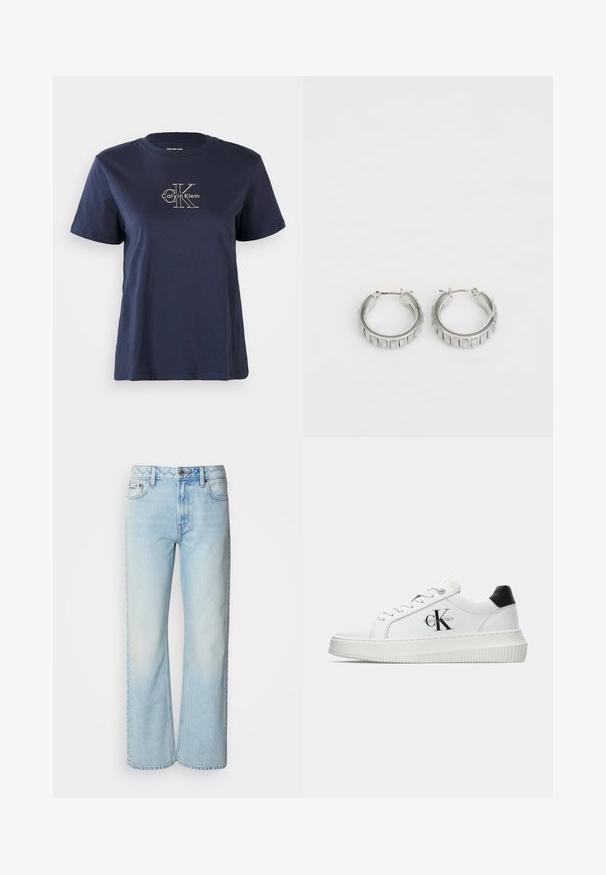 Námornícky modré bavlnené tričko s krátkymi rukávmi, s malým bielym logom "Calvin Klein" v strede prednej časti. Krúžkový výstrih, voľný strih.; Svetlomodré široké džínsy vyrobené z denimu, s klasickým päť-pocket dizajnom a jemnou vyblednutou textúrou. Švy z denimu sú viditeľné.; Biele nízke tenisky s čiernym pätkovým dielom, platformovou podrážkou, šnúrkami a logom "CK" značky Calvin Klein na boku.; Strieborné kruhové náušnice s textúrovaným dizajnom, ktorý obsahuje vertikálne ryhy. Obdĺžnikový tvar so zabezpečovacím uzáverom. Hladký povrch.