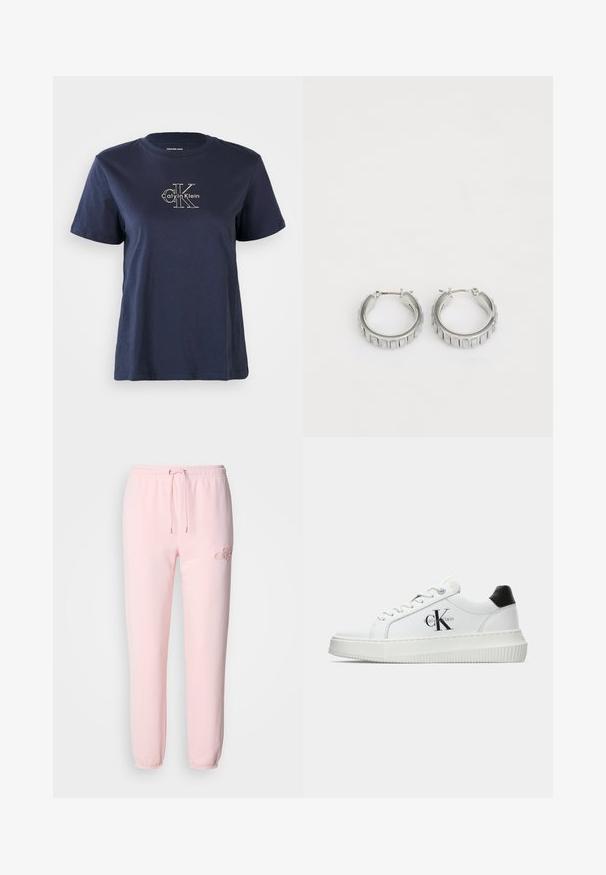T-shirt en coton bleu marine à manches courtes, arborant un petit logo blanc "Calvin Klein" au centre à l'avant. Encolure ras du cou, coupe décontractée.; Pantalons de survêtement roses clairs en tissu doux, avec une taille élastique et un cordon de serrage, des poignets fuselés et un discret logo brodé.; Baskets basses blanches avec un tab de talon noir, semelle plateforme, lacets et logo "CK" de Calvin Klein sur le côté.; Boucles d'oreilles en argent en forme de créole avec un design texturé comportant des rayures verticales. Forme circulaire avec un fermoir à attache sécurisée. Fini lisse.
