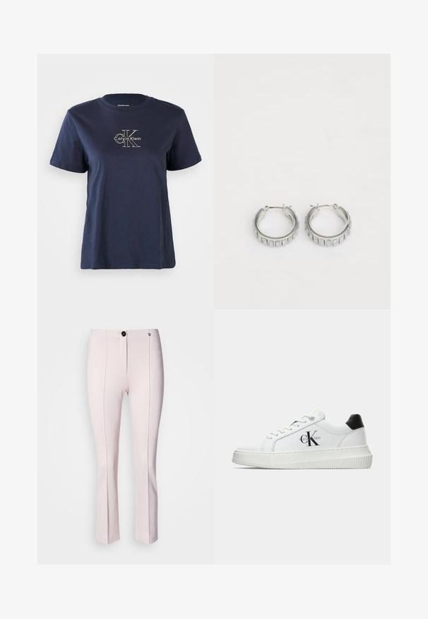Tumesinine puuvillane t-särk lühikeste varrukatega, mille keskel ees on väike valge "Calvin Klein" logo. Ümar kaelus, lõdva istuvusega.; Roosa kohandatud püksid kerge helgega, millel on ees nupuvajutus, kaks vertikaalset õmblust ja sile tekstuur.; Valge madalate sokkidega jooksutoss, millel on must konts, platvormi tallad, paelad ja Calvin Kleini "CK" logo küljel.; Hõbedased rõngassõrmed tekstureeritud disainiga, kus on vertikaalsed sooned. Ümmargune kuju ja kindel lukustus. Sile viimistlus.