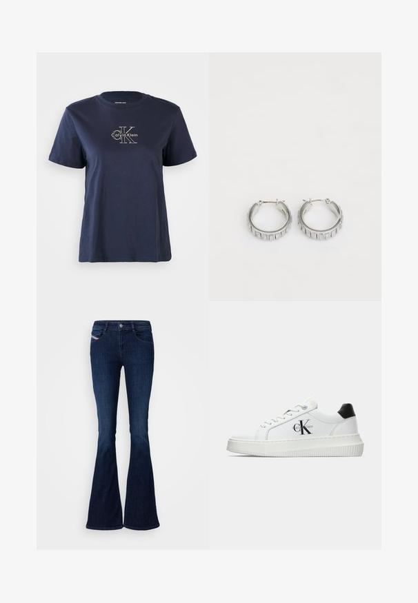 Marinblå bomullströja med korta ärmar, med en liten vit "Calvin Klein"-logotyp i centrum fram. Rund halsringning, avslappnad passform.; Mörkblå utsvängda jeans med en slät denimtextur, försedd med framfickor, knäppning med knapp och en subtil märkesetikett på sidan.; Vit lågtopp sneakers med svart hälflik, platåsål, snörning och Calvin Klein "CK" logotyp på sidan.; Silverfärgade hoopörhängen med en texturerad design som har vertikala räfflor. Cirkelformade med ett säkert lås. Slät yta.