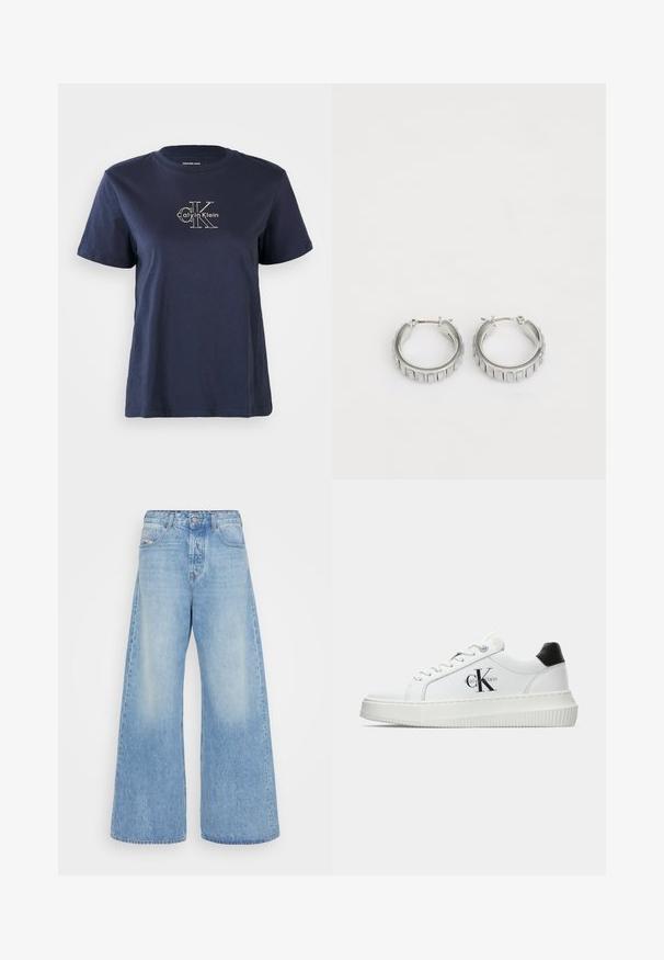 Mornarsko modra bombažna majica s kratkimi rokavi, z majhnim belim logotipom "Calvin Klein" na sprednji strani. Okrogel izrez, sproščen kroj.; Svjetloplavi široki traperice izrađene od denima. Imaju klasičan dizajn s pet džepova, dugme za zatvaranje i izblijeđene dijelove za vintage izgled.; Bele nizke superge z črnim hrbtnim delom, platformo, vezalkami in Calvin Klein "CK" logotipom na strani.; Srebrni obroči s teksturiranim dizajnom, ki vsebuje navpične rebraste vzorce. Krožna oblika z varnim zapiranjem na zaponko. Gladek zaključek.
