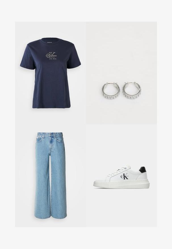 Mornarsko modra bombažna majica s kratkimi rokavi, z majhnim belim logotipom "Calvin Klein" na sprednji strani. Okrogel izrez, sproščen kroj.; Svjetloplave široke traperice s visokim strukom, s pet džepova i suptilnim izblijedjenjem duž tkanine.; Bele nizke superge z črnim hrbtnim delom, platformo, vezalkami in Calvin Klein "CK" logotipom na strani.; Srebrni obroči s teksturiranim dizajnom, ki vsebuje navpične rebraste vzorce. Krožna oblika z varnim zapiranjem na zaponko. Gladek zaključek.