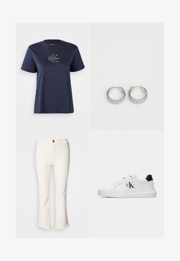 T-shirt en coton bleu marine à manches courtes, arborant un petit logo blanc "Calvin Klein" au centre à l'avant. Encolure ras du cou, coupe décontractée.; Jean blanc, raccourci avec un bas évasé. Comprend une fermeture à bouton, des poches avant et un détail d'ourlet légèrement effiloché. Tissu en denim.; Baskets basses blanches avec un tab de talon noir, semelle plateforme, lacets et logo "CK" de Calvin Klein sur le côté.; Boucles d'oreilles en argent en forme de créole avec un design texturé comportant des rayures verticales. Forme circulaire avec un fermoir à attache sécurisée. Fini lisse.