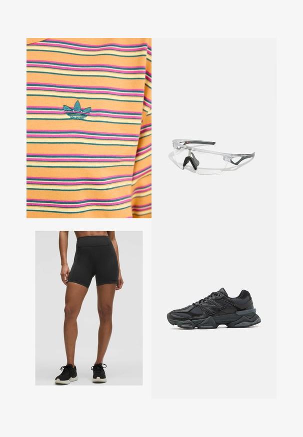 Röstripuline t-särk, millel on oranž, lilla, roheline ja beež värv. Rinnal on tikitud teal värvi kolme lehe logo. Materjal on puuvill.; Kõrgema vöökohtaga mustad spordilühikesed püksid, mis on valmistatud venivast kangast, millel on sile tekstuur ja puhtad õmblused, ideaalne treenimiseks.; Mustad mustus jooksukeng, mis sisaldab segu võrgust ja sünteetilisest materjalist, jäme talla, kaarduv disain ja silmapaistev bränding külgedel.; Selged ohutusprillid kerge, läbipaistva raami ja hallide aktsentidega. Omab ümbritsevat disaini ja reguleeritavat ninatükki.